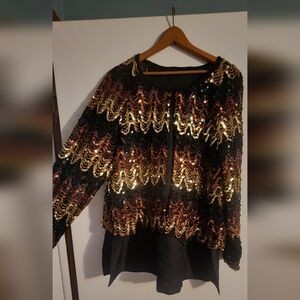 Sequin Zigzag Top in Black, Gold, and Brown with Sheer Sleeves, LRG